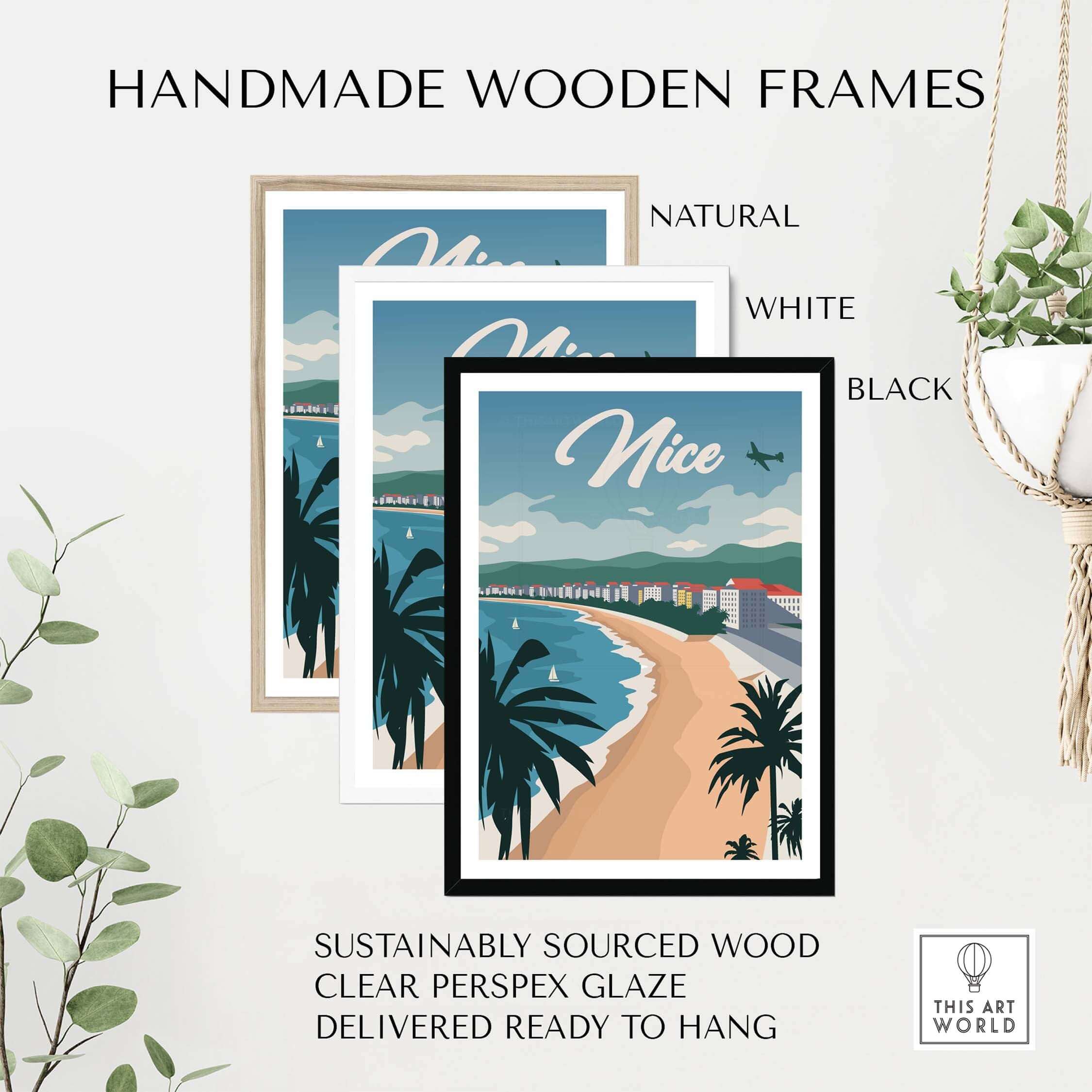 Handmade wooden frames for Nice France poster in natural, white, and black, made with sustainably sourced wood.