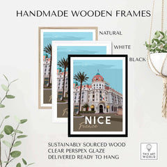 Handmade wooden frames for Nice France print poster, available in natural, white, and black finishes.