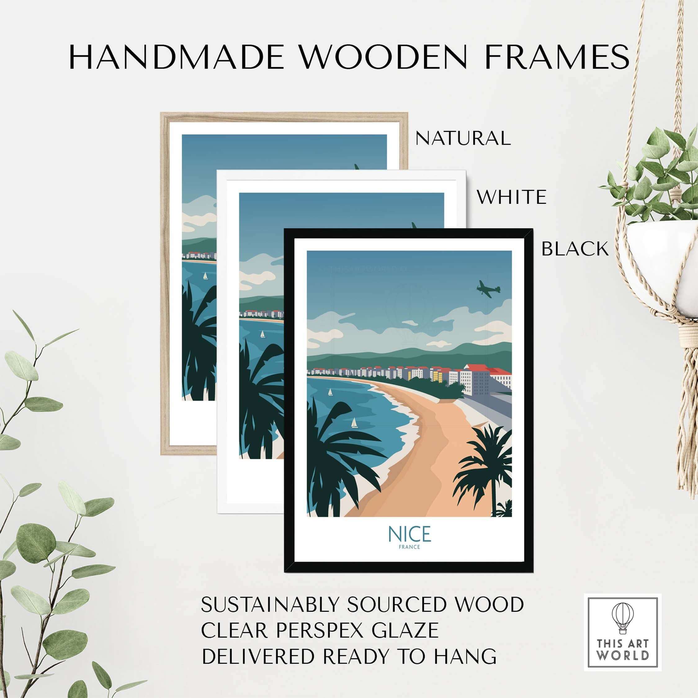Handmade wooden frames in natural, white, and black showcasing Nice France travel poster with beach view.
