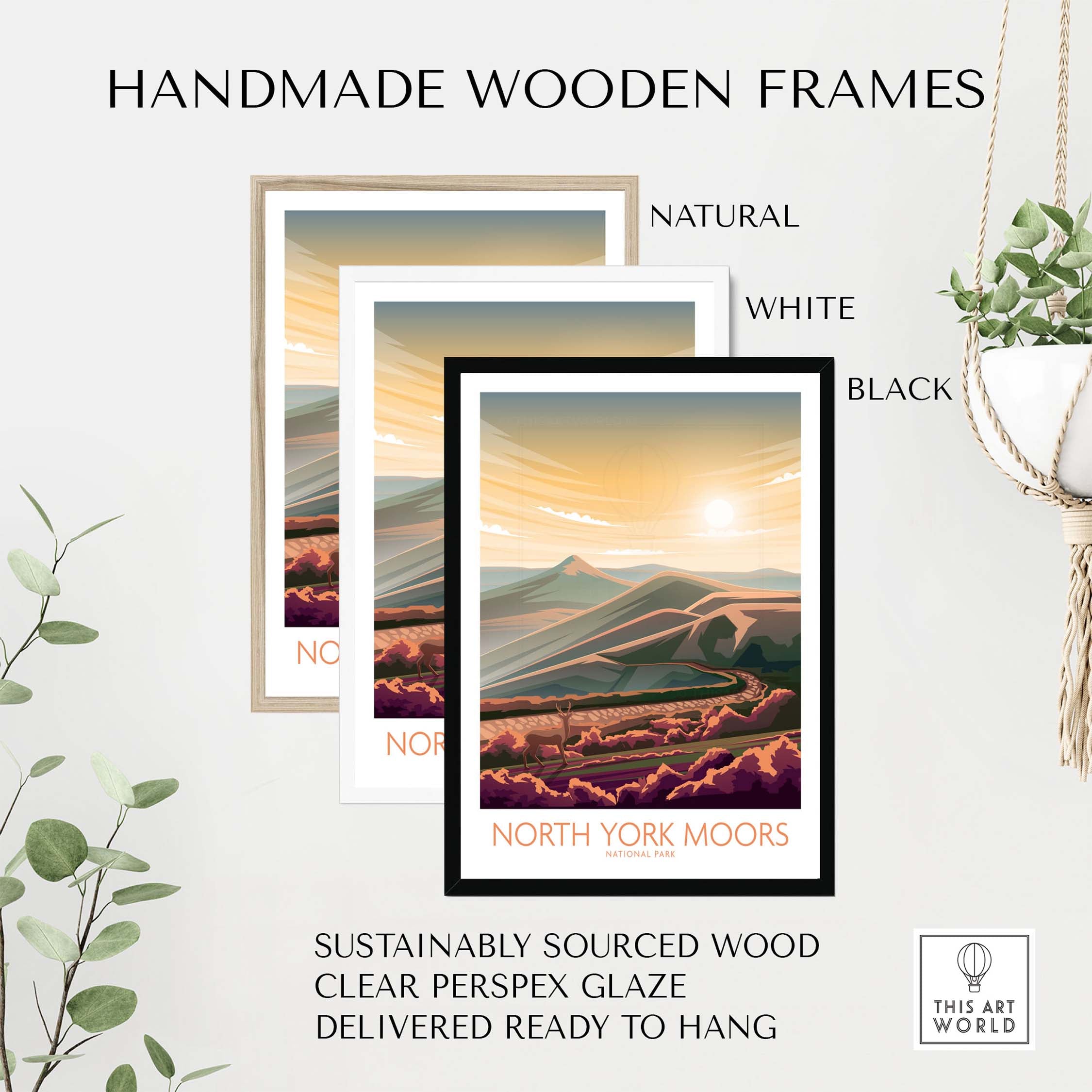 Handmade wooden frames for North York Moors print, available in natural, white, and black finishes.