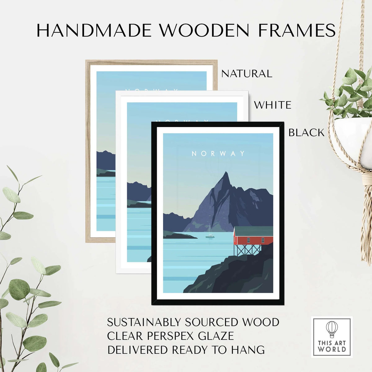 Handmade wooden frames for Norway Print Wall Art, featuring natural, white, and black options, sustainably sourced.