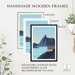 Handmade wooden frames for Norway Print Wall Art, featuring natural, white, and black options, sustainably sourced.