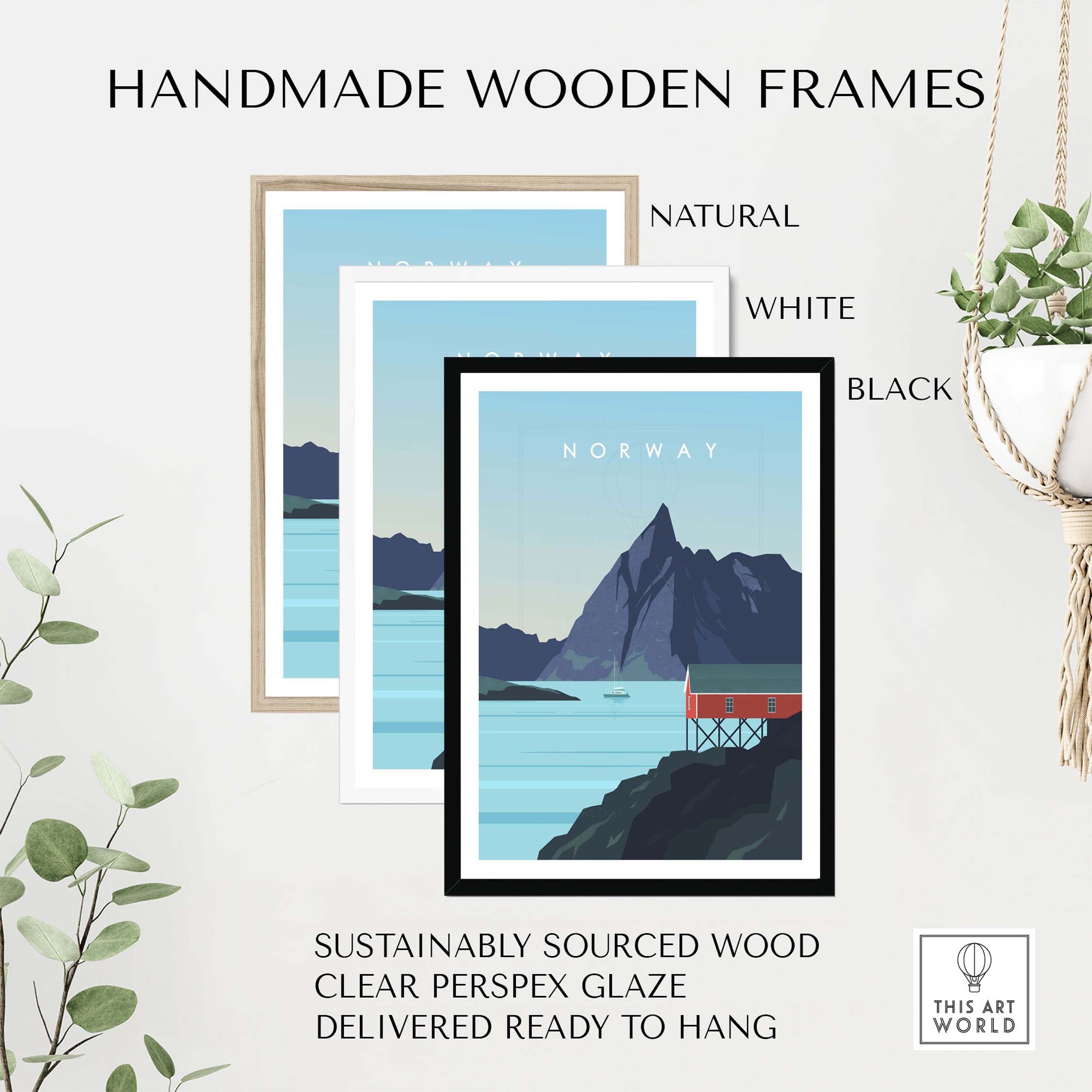 Handmade wooden frames for Norway Print Wall Art, featuring natural, white, and black options, sustainably sourced.