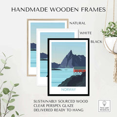 Handmade wooden frames in natural, white, and black for Norway print travel poster, made from sustainably sourced wood.