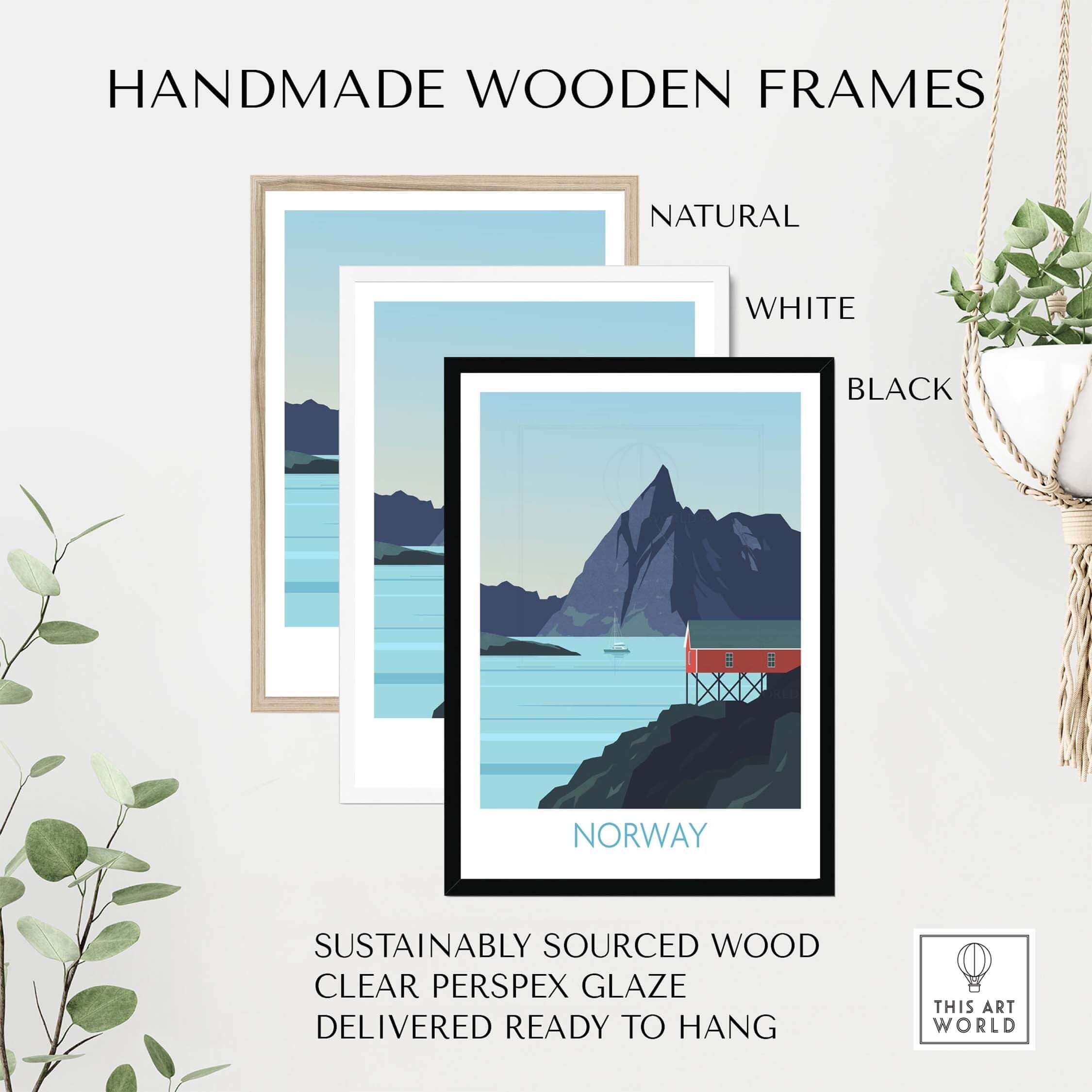 Handmade wooden frames in natural, white, and black for Norway print travel poster, made from sustainably sourced wood.