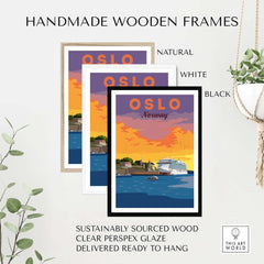 Handmade wooden frames in natural, white, and black for Oslo Print Norway, sustainably sourced and ready to hang.