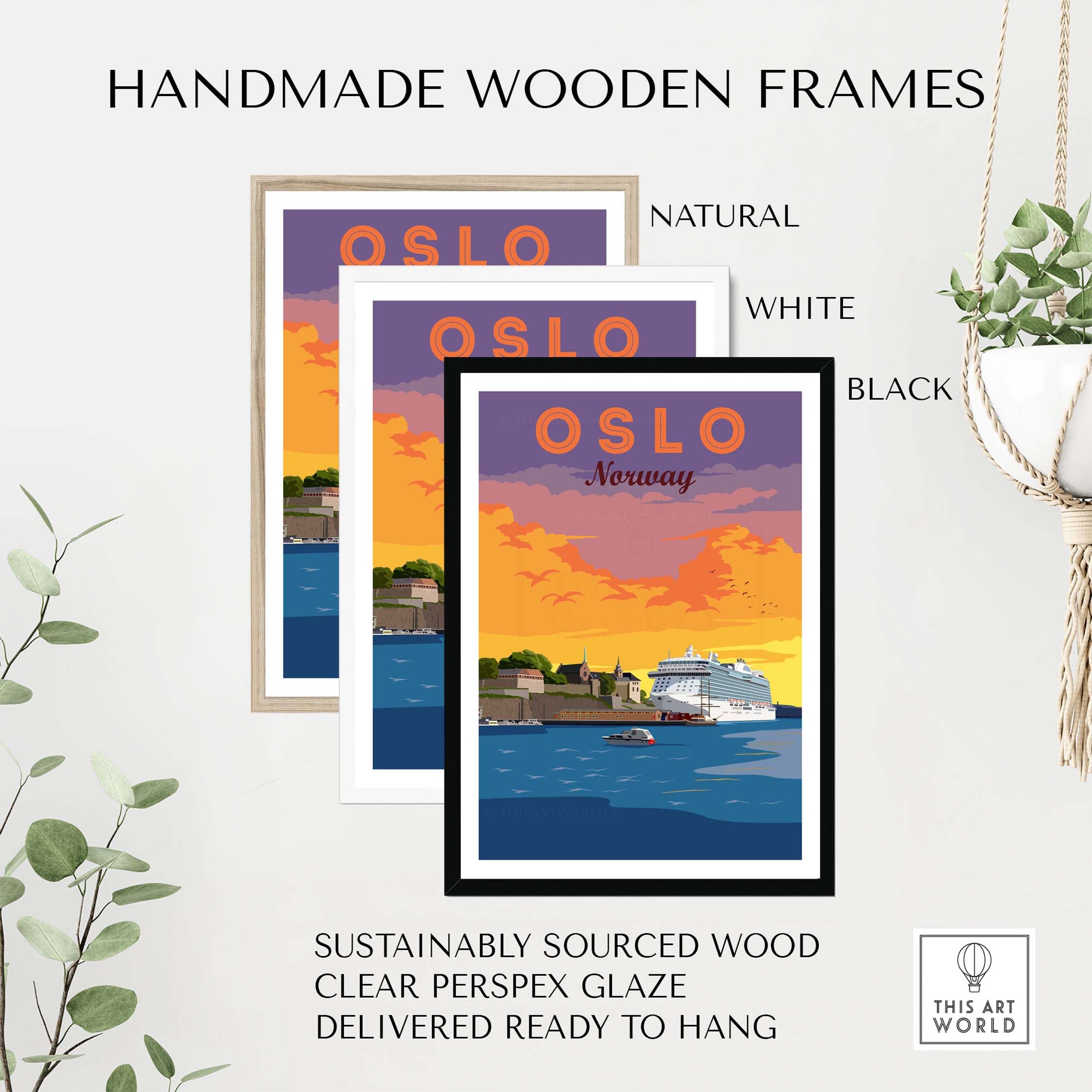Handmade wooden frames in natural, white, and black for Oslo Print Norway, sustainably sourced and ready to hang.
