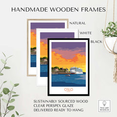 Handmade wooden frames in natural, white, and black for Oslo poster, sustainably sourced and ready to hang.