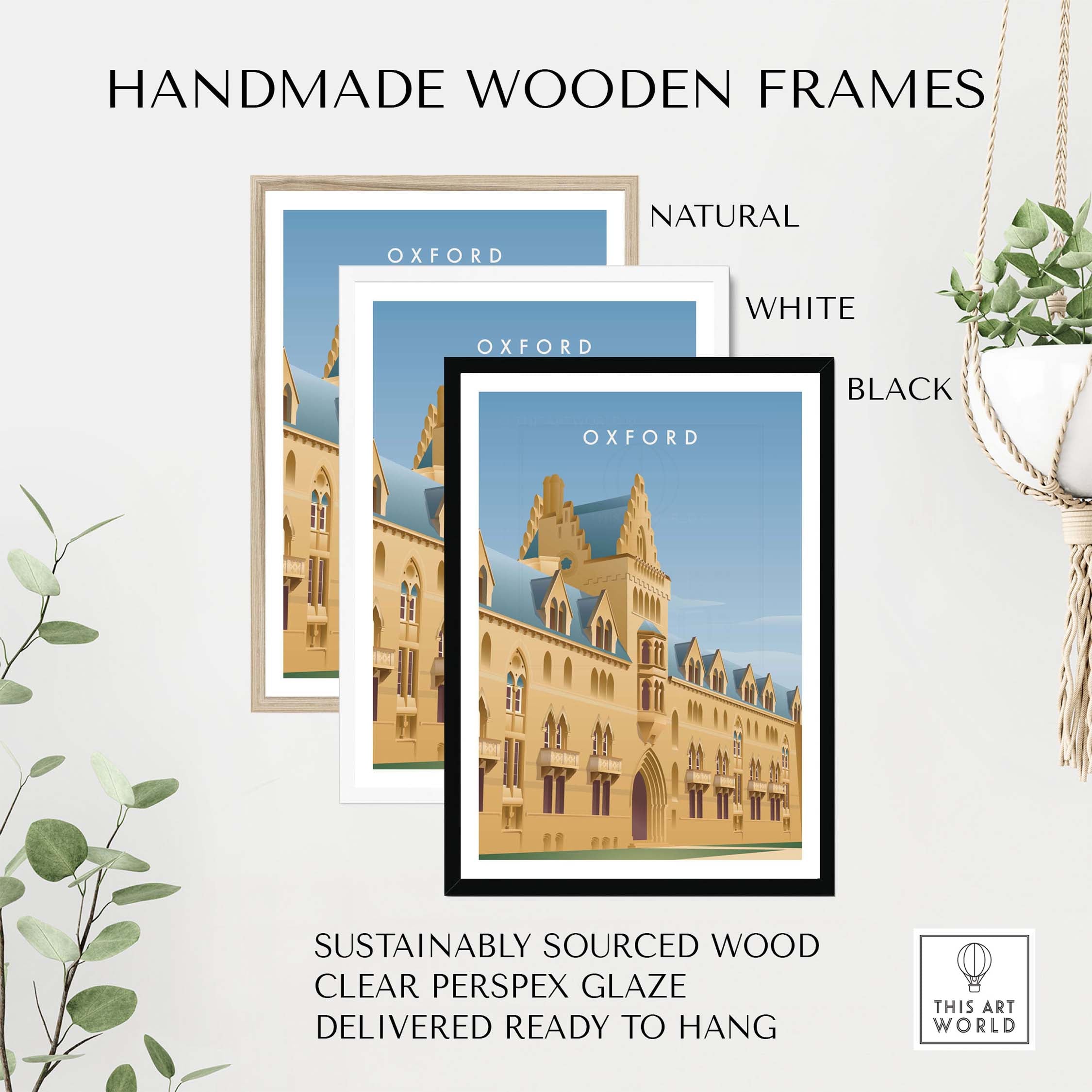 Handmade wooden frames for Oxford Wall Art Poster, featuring natural, white, and black options, eco-friendly and ready to hang.