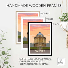 Handmade wooden frames in natural, white, and black for Oxford Print Poster wall art, sustainably sourced and ready to hang.