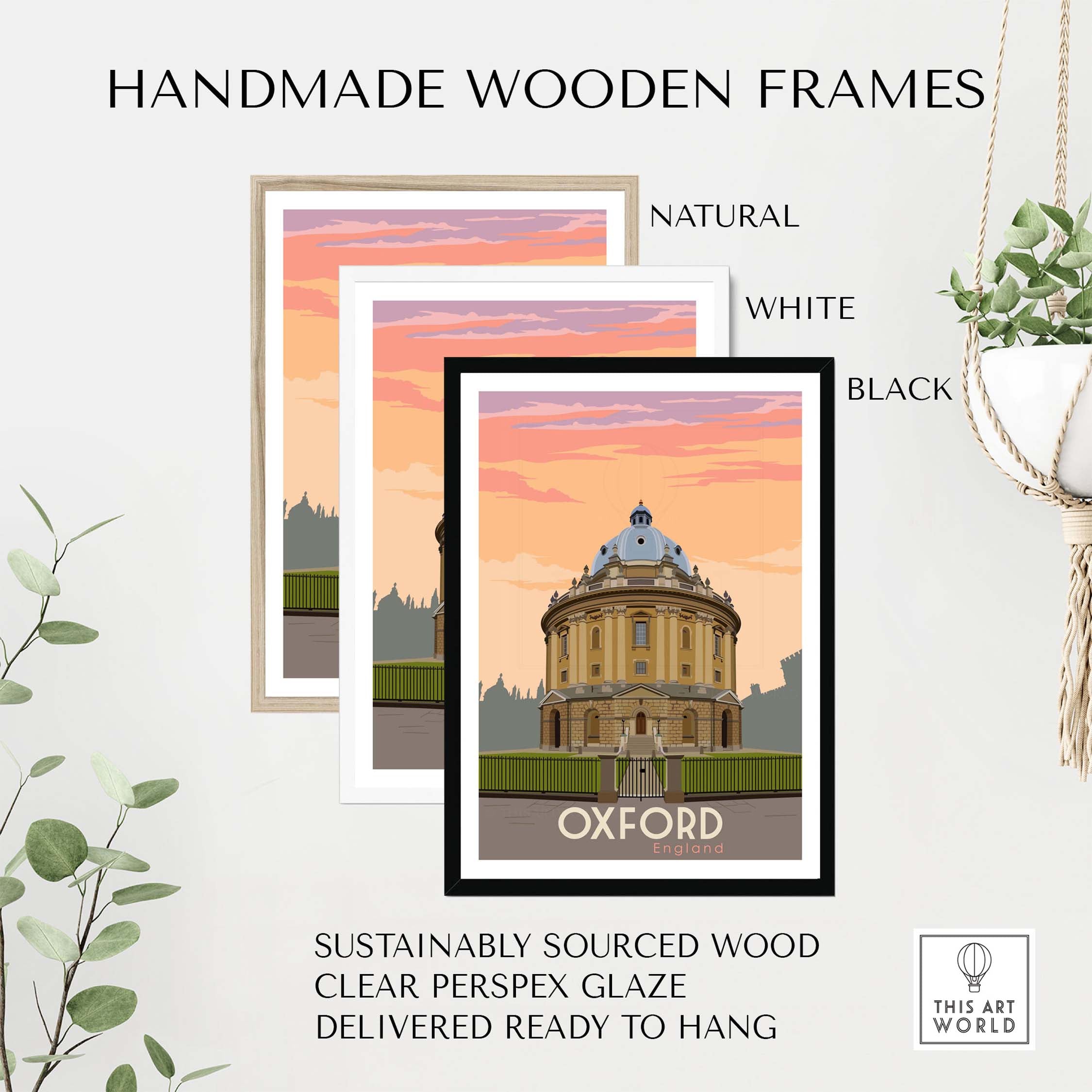 Handmade wooden frames in natural, white, and black for Oxford Print Poster wall art, sustainably sourced and ready to hang.