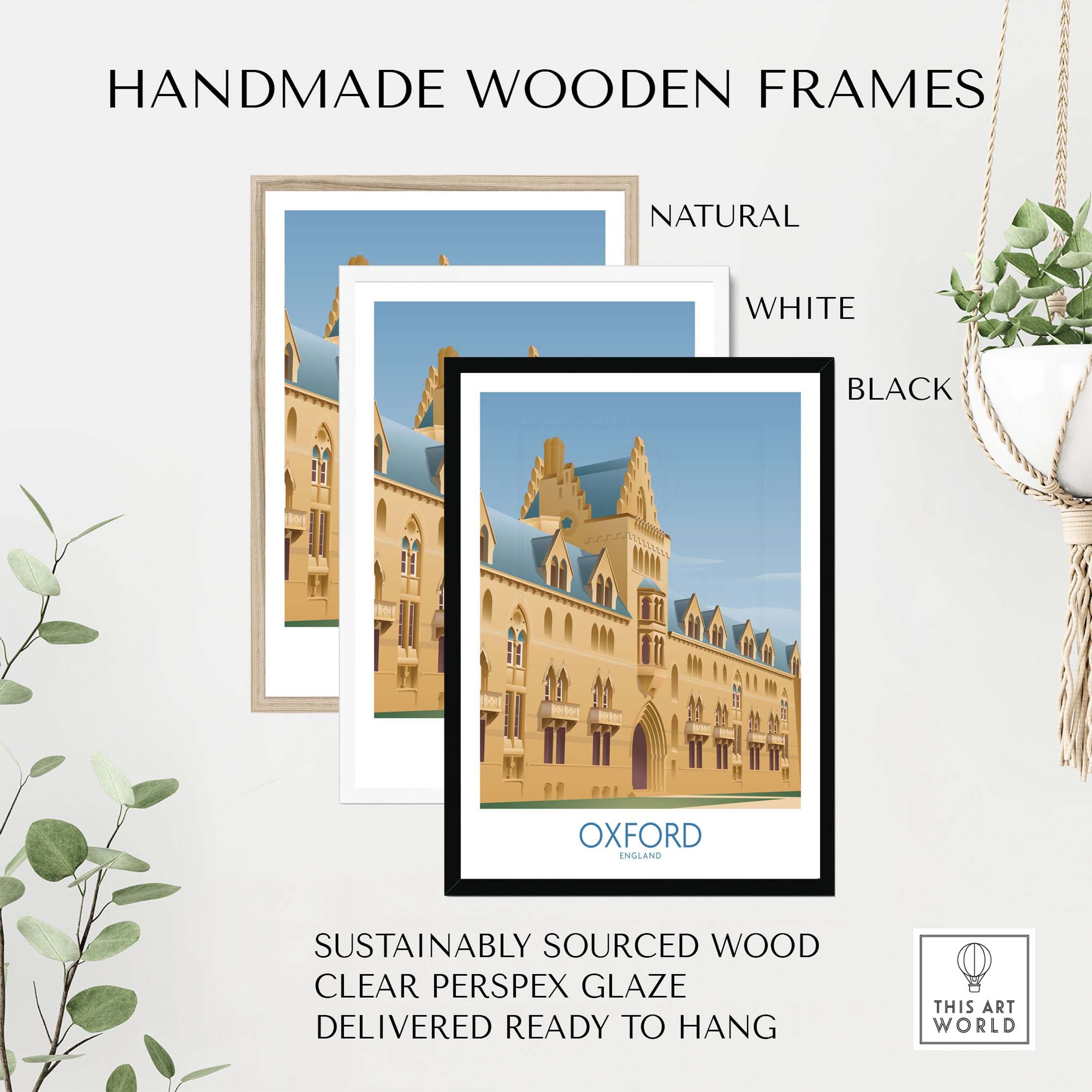 Handmade wooden frames in natural, white, and black for Oxford Wall Art Print, sustainably sourced and ready to hang.