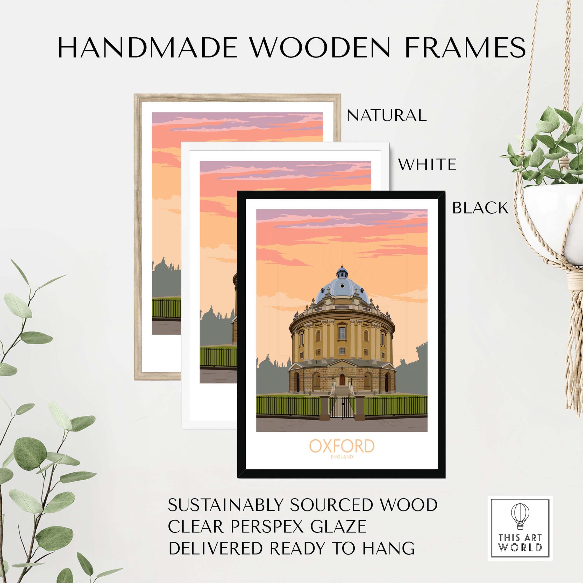 Three handmade wooden frames in natural, white, and black, displaying an Oxford travel poster with a sunset background.