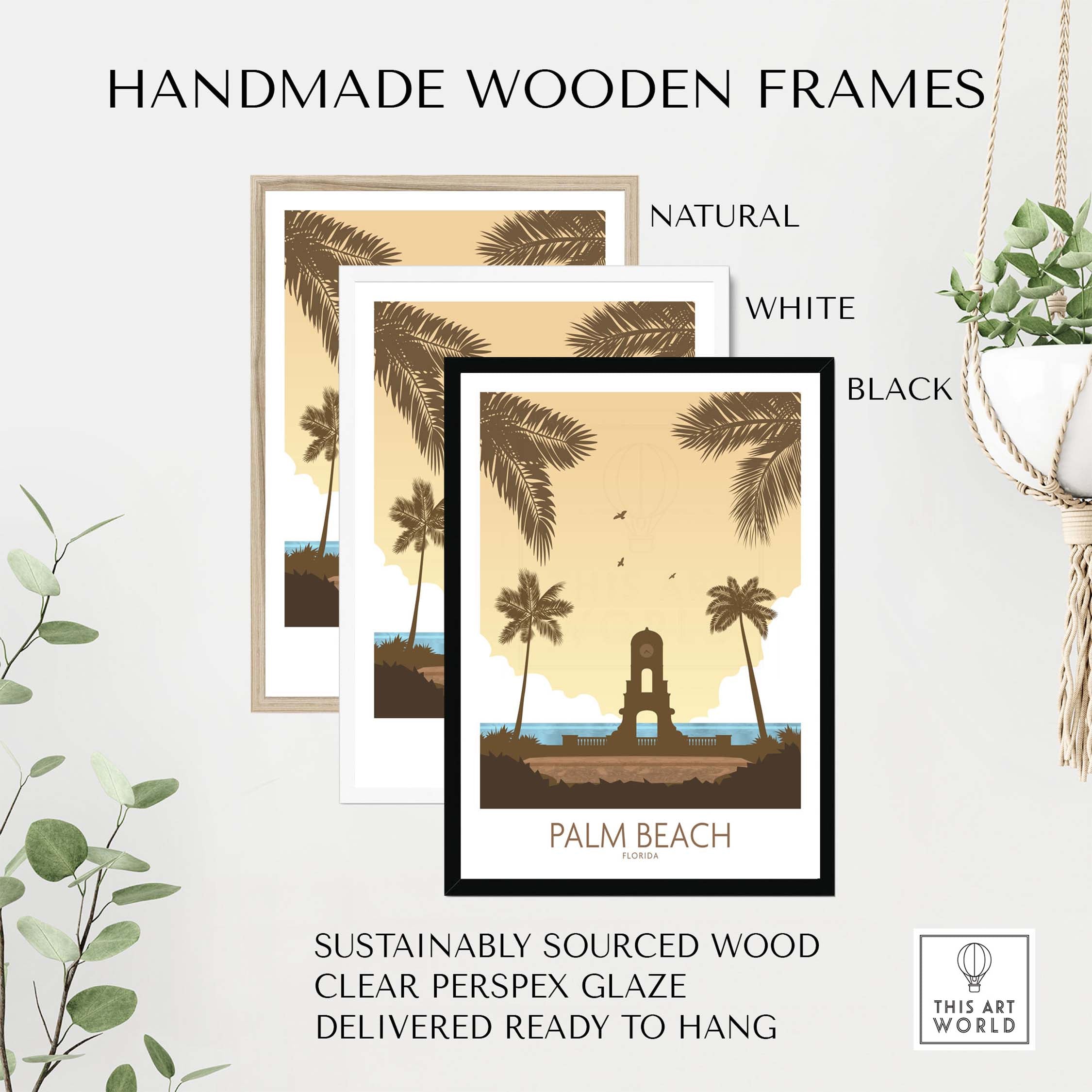 Handmade wooden frames in natural, white, and black for Palm Beach wall art; sustainably sourced with clear glaze.