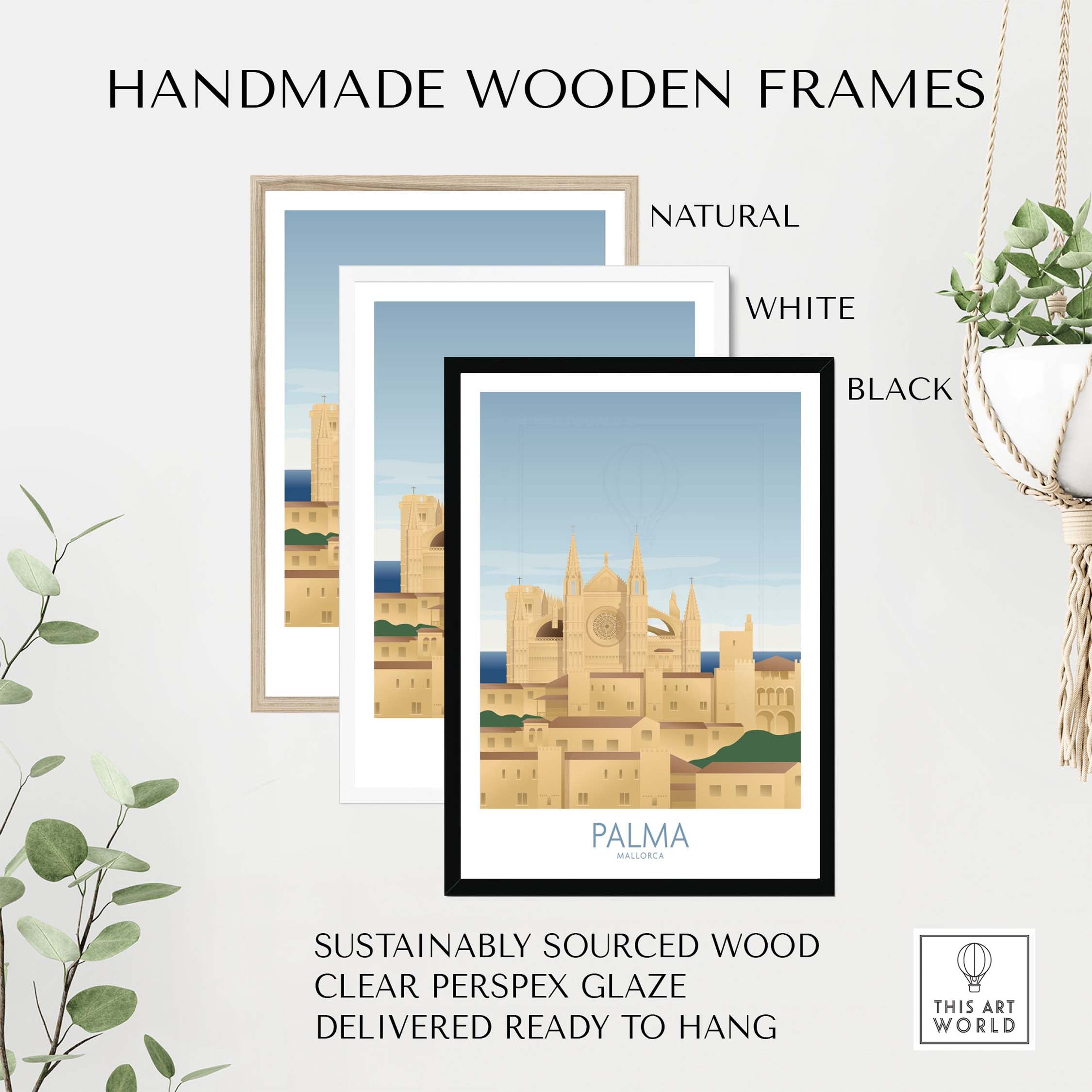 Handmade wooden frames in natural, white, and black for Palma Mallorca wall art print, sustainably sourced and ready to hang.