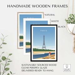 Handmade wooden frames for Paris wall art poster in natural, white, and black finishes, sustainably sourced and ready to hang.