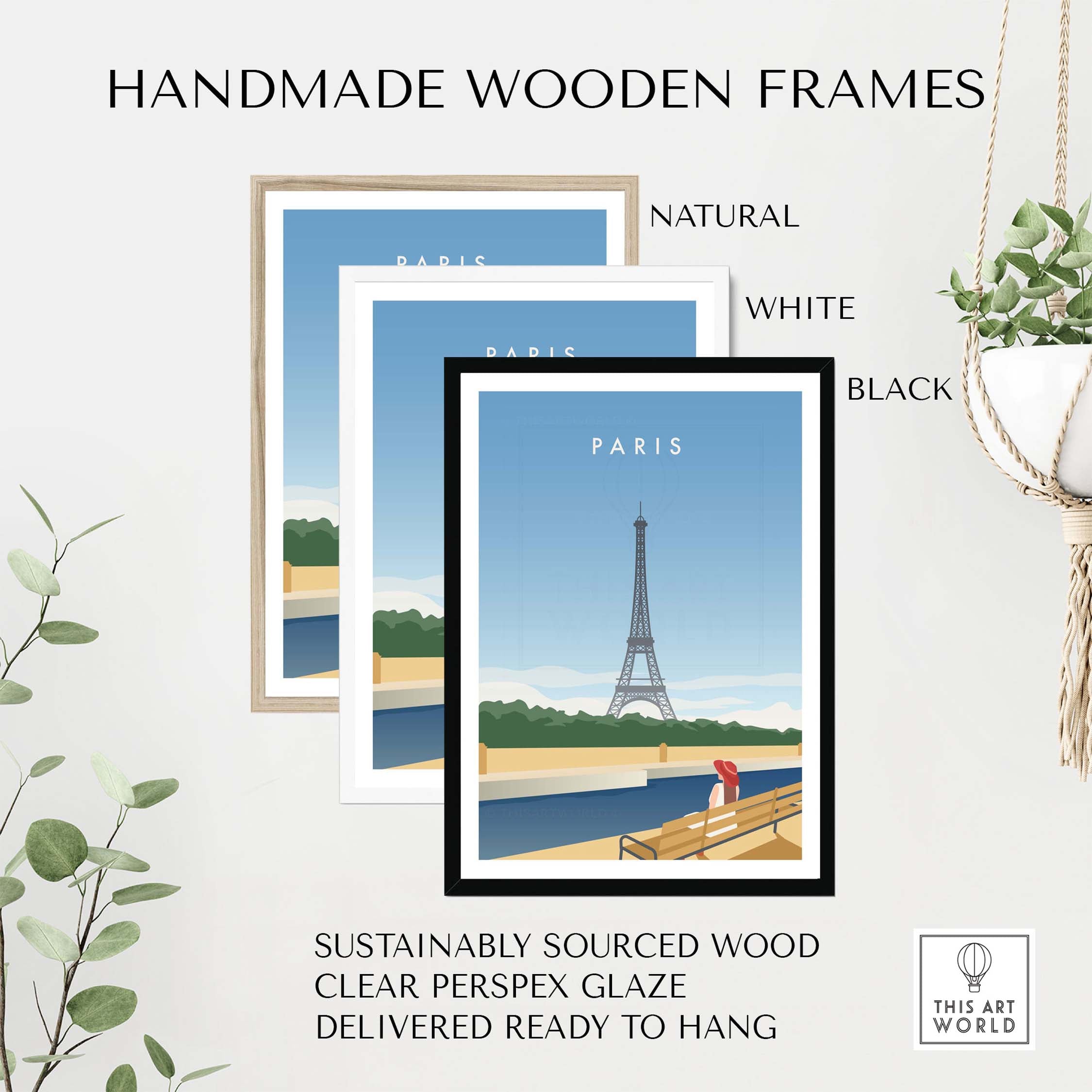 Handmade wooden frames for Paris wall art poster in natural, white, and black finishes, sustainably sourced and ready to hang.
