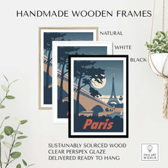 Handmade wooden frames for Paris wall art, available in natural, white, and black, sustainably sourced and ready to hang.