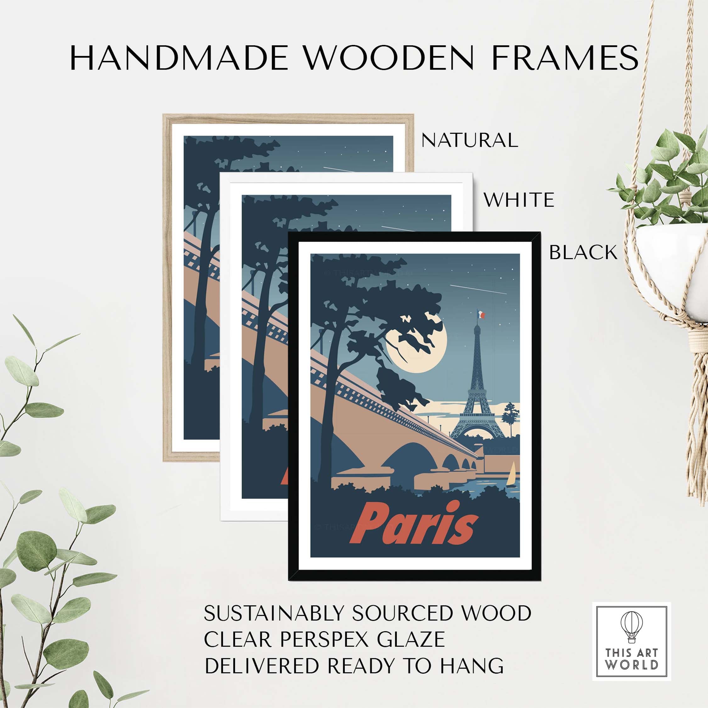 Handmade wooden frames for Paris wall art, available in natural, white, and black, sustainably sourced and ready to hang.