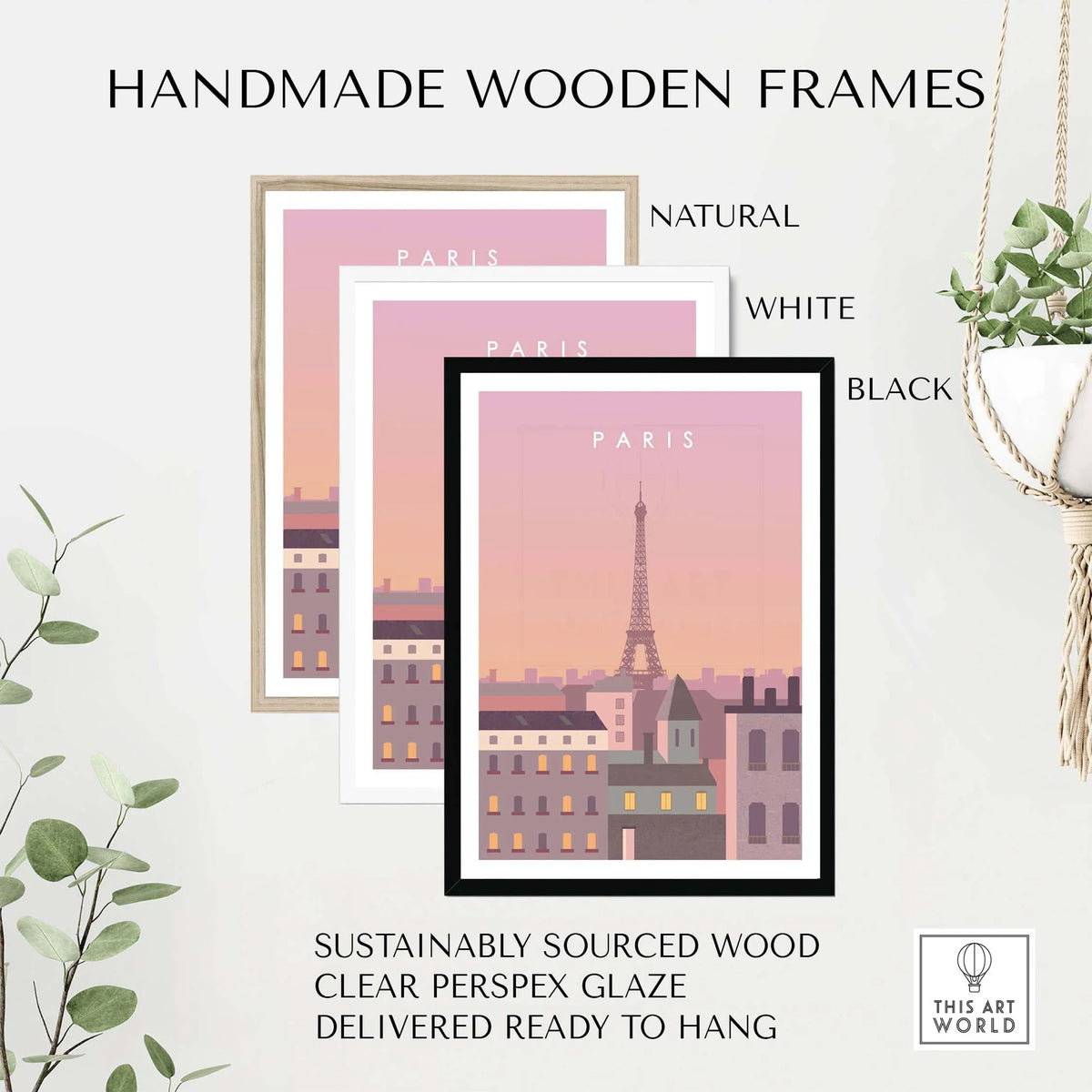 Handmade wooden frames in natural, white, and black for Paris Print Wall Art, sustainably sourced and ready to hang.
