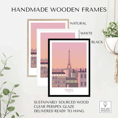 Handmade wooden frames in natural, white, and black, displaying a Paris travel poster with the Eiffel Tower.