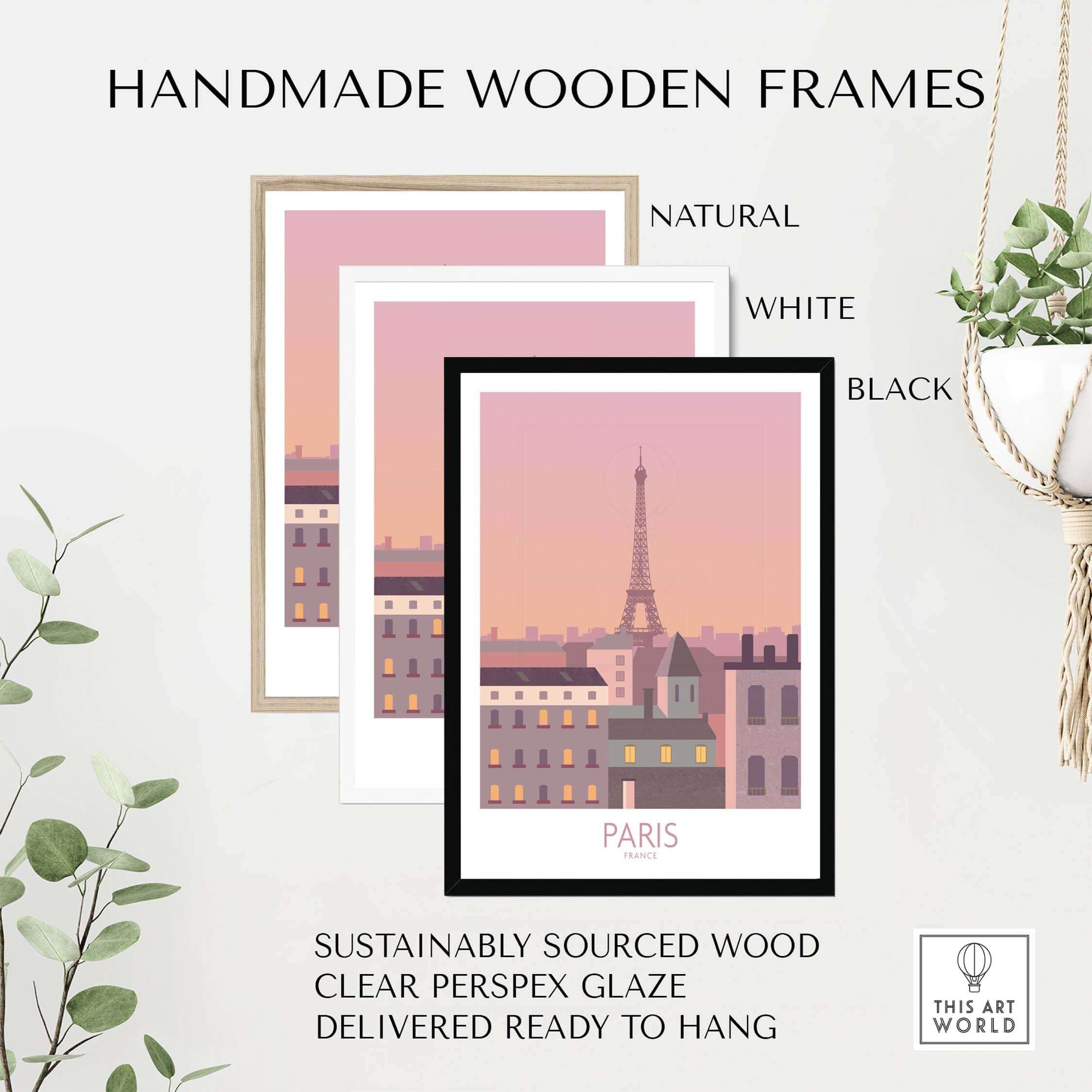 Handmade wooden frames in natural, white, and black, displaying a Paris travel poster with the Eiffel Tower.