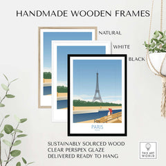 Handmade wooden frames for Paris wall art, featuring natural, white, and black options, sustainably sourced and ready to hang.