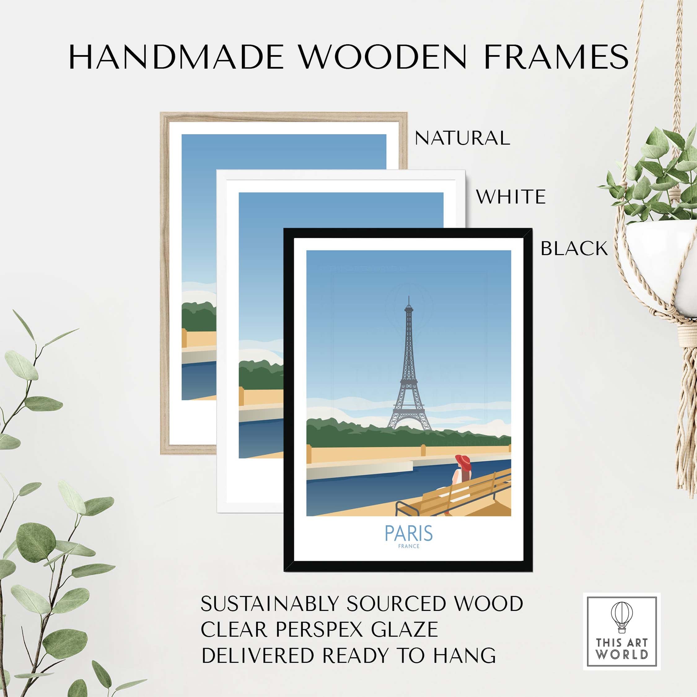 Handmade wooden frames for Paris wall art, featuring natural, white, and black options, sustainably sourced and ready to hang.