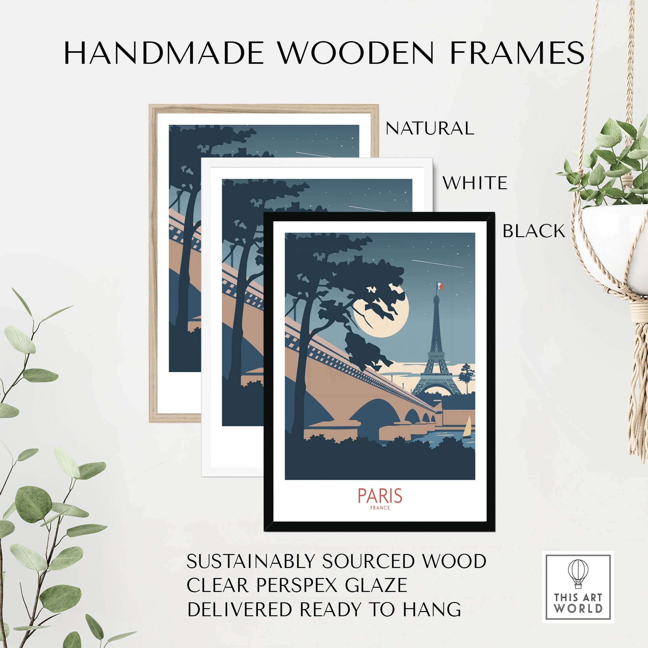 Handmade wooden frames for Paris travel poster in natural, white, and black finishes, sustainably sourced and ready to hang.