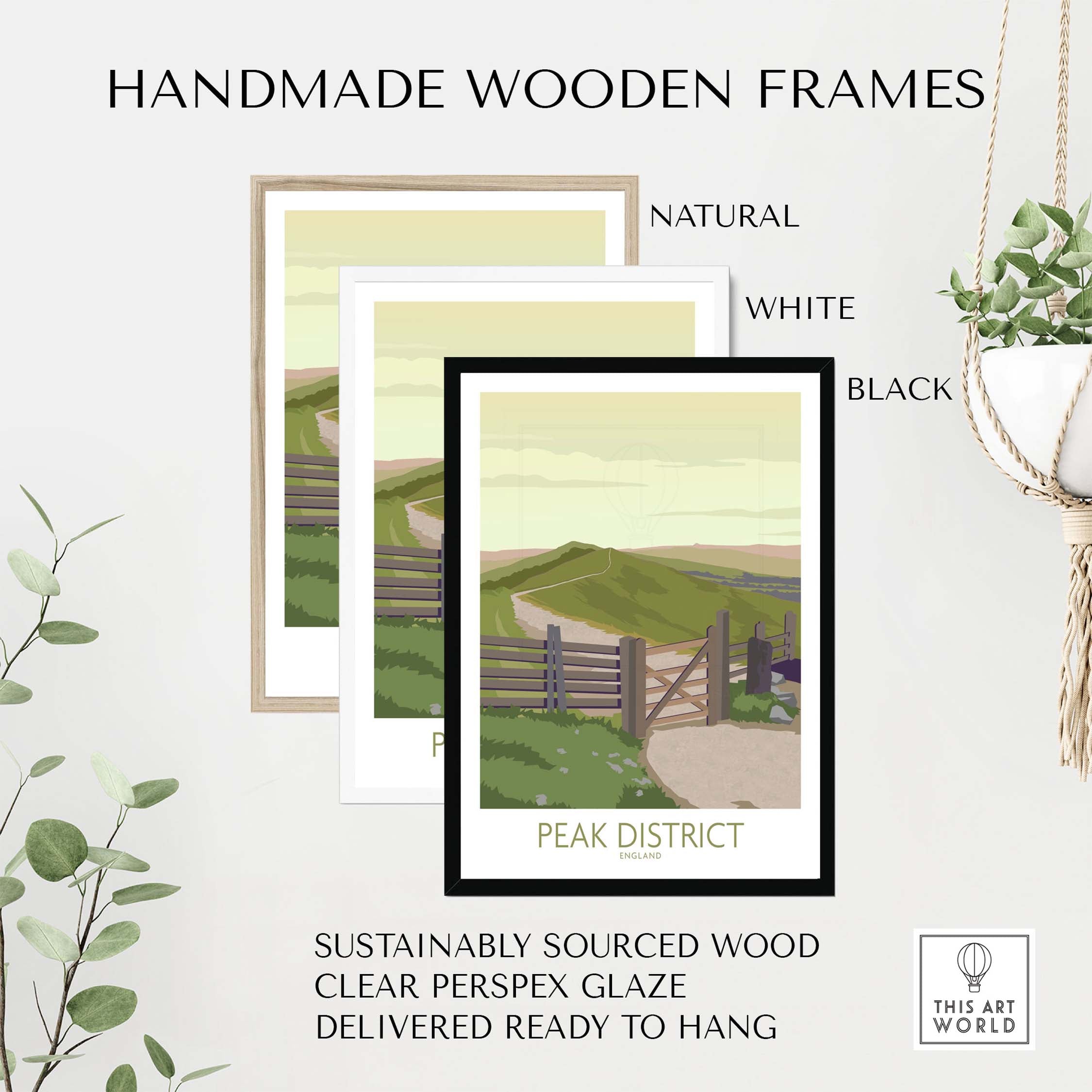 Handmade wooden frames for Peak District art print in natural, white, and black options, sustainably sourced and ready to hang.