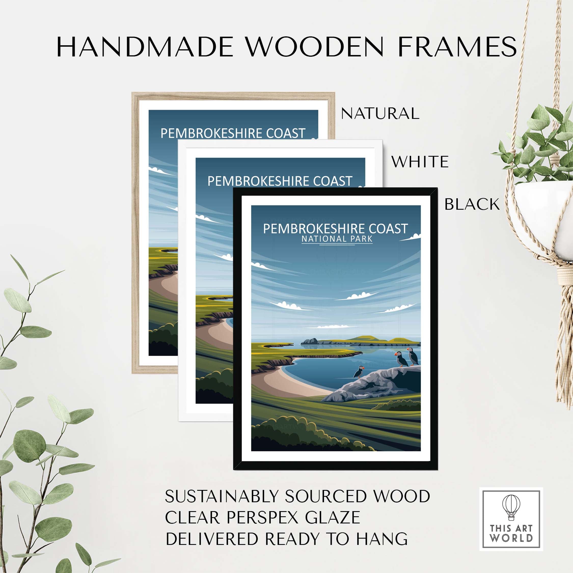 Handmade wooden frames in natural, white, and black for Pembrokeshire Coast poster, crafted from sustainably sourced wood.