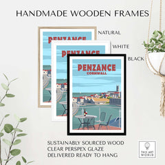 Penzance Cornwall poster print in handmade wooden frames: natural, white, and black options.