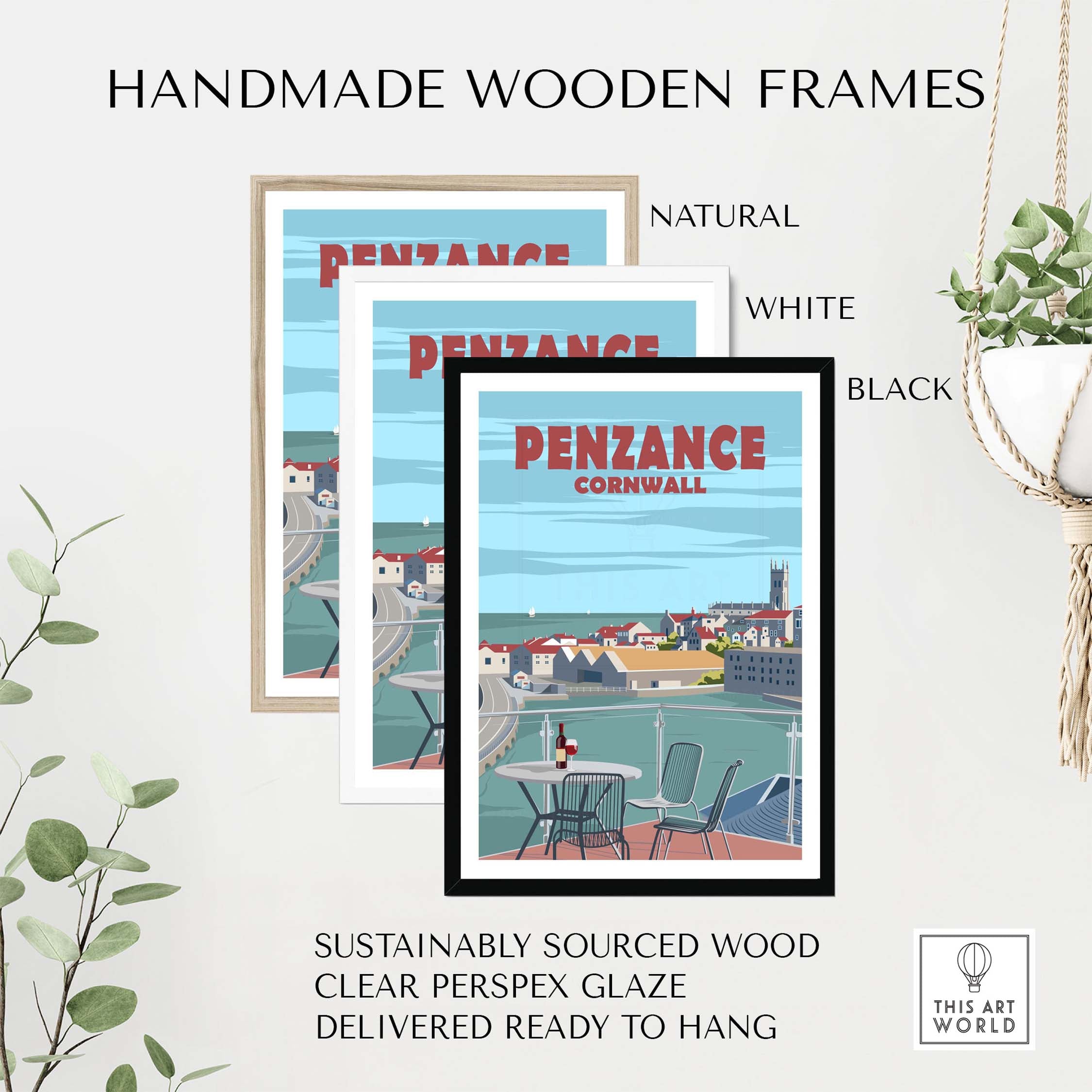 Penzance Cornwall poster print in handmade wooden frames: natural, white, and black options.