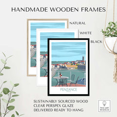Handmade wooden frames for Penzance Poster in natural, white, and black colors, sustainably sourced with clear perspex glaze.