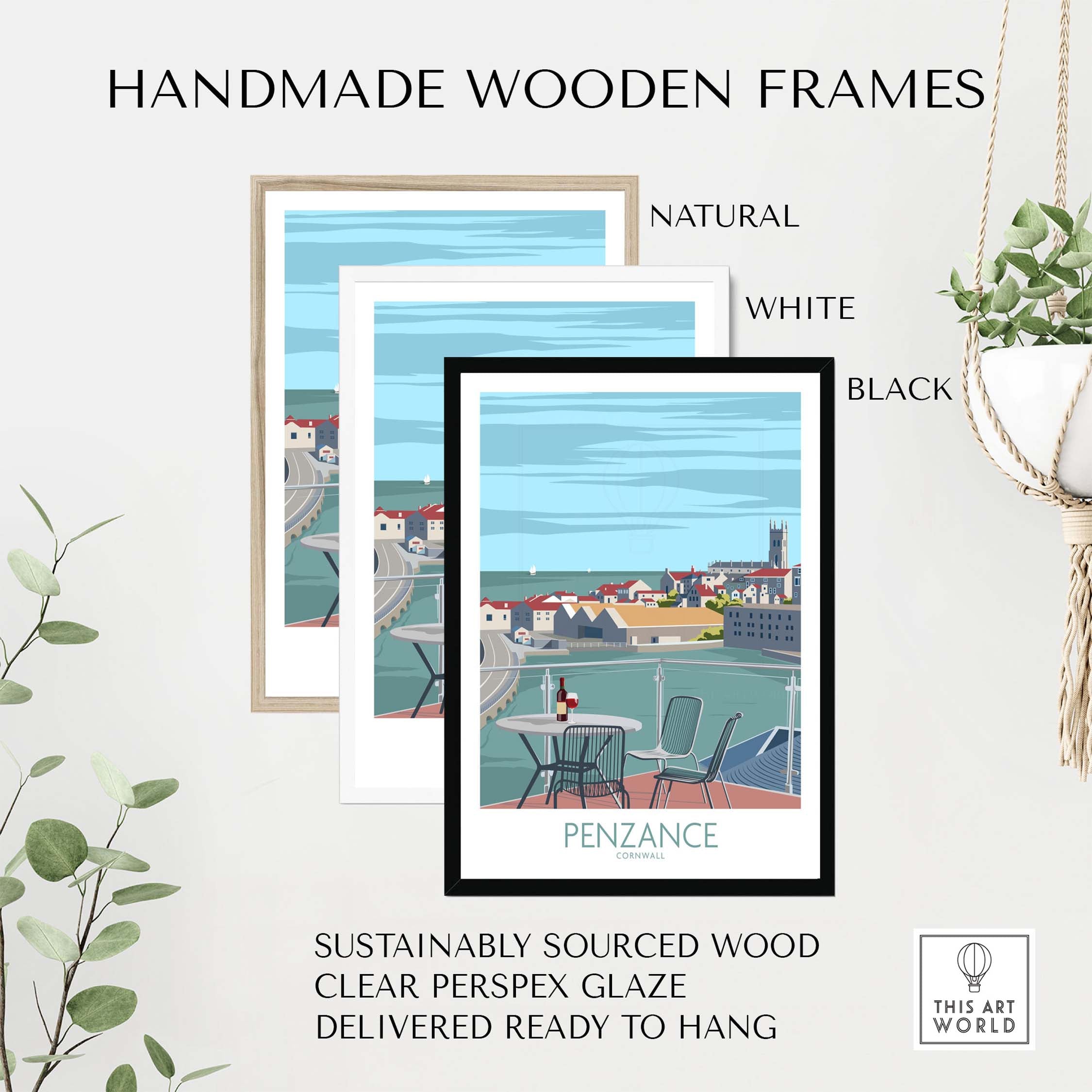 Handmade wooden frames for Penzance Poster in natural, white, and black colors, sustainably sourced with clear perspex glaze.