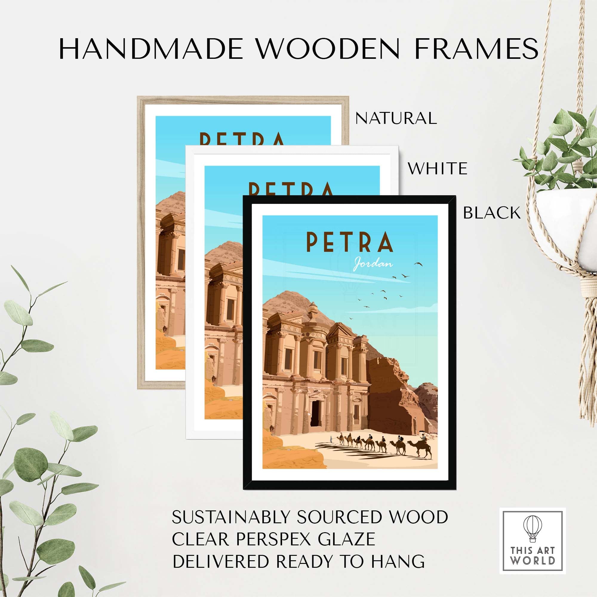 Handmade wooden frames for Petra travel poster prints in natural, white, and black options, sustainably sourced and ready to hang.