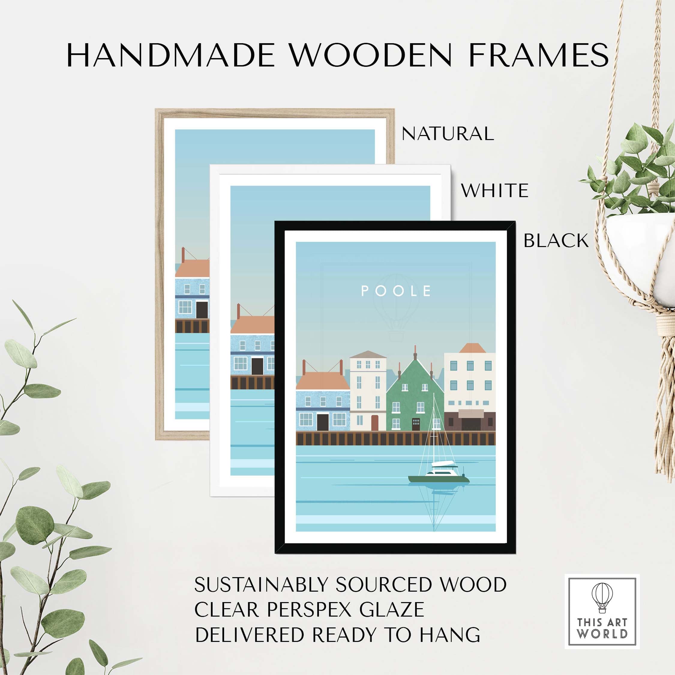 Handmade wooden frames in natural, white, and black for Poole Print Poster, made from sustainably sourced wood.
