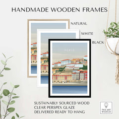 Handmade wooden frames in natural, white, and black for Porto wall art, sustainably sourced and ready to hang.