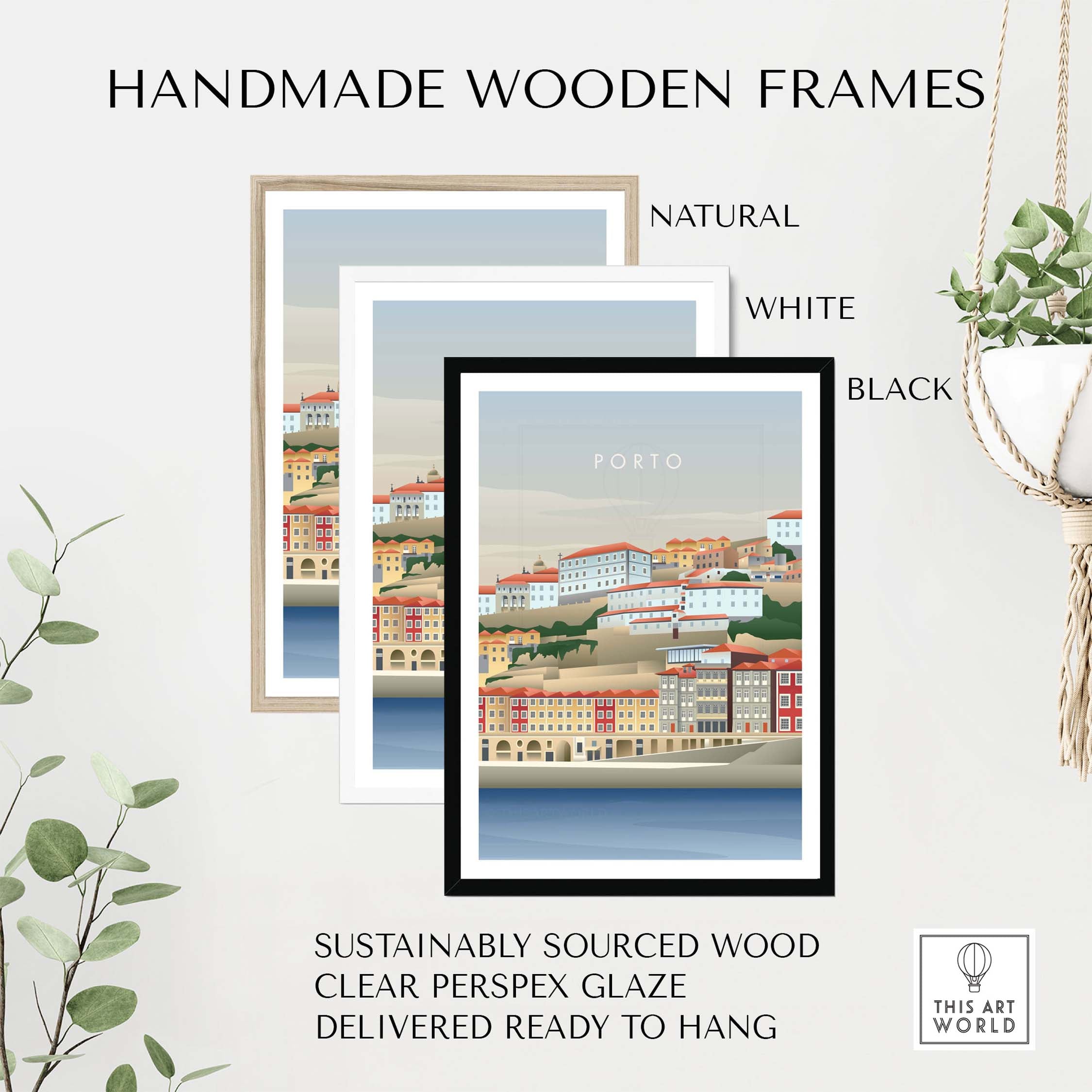 Handmade wooden frames in natural, white, and black for Porto wall art, sustainably sourced and ready to hang.