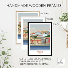 Handmade wooden frames in natural, white, and black for Porto Wall Art, sustainably sourced and ready to hang.