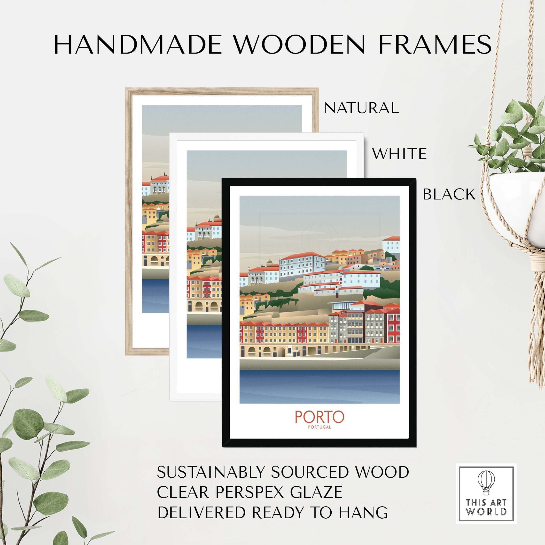 Handmade wooden frames in natural, white, and black for Porto Wall Art, sustainably sourced and ready to hang.