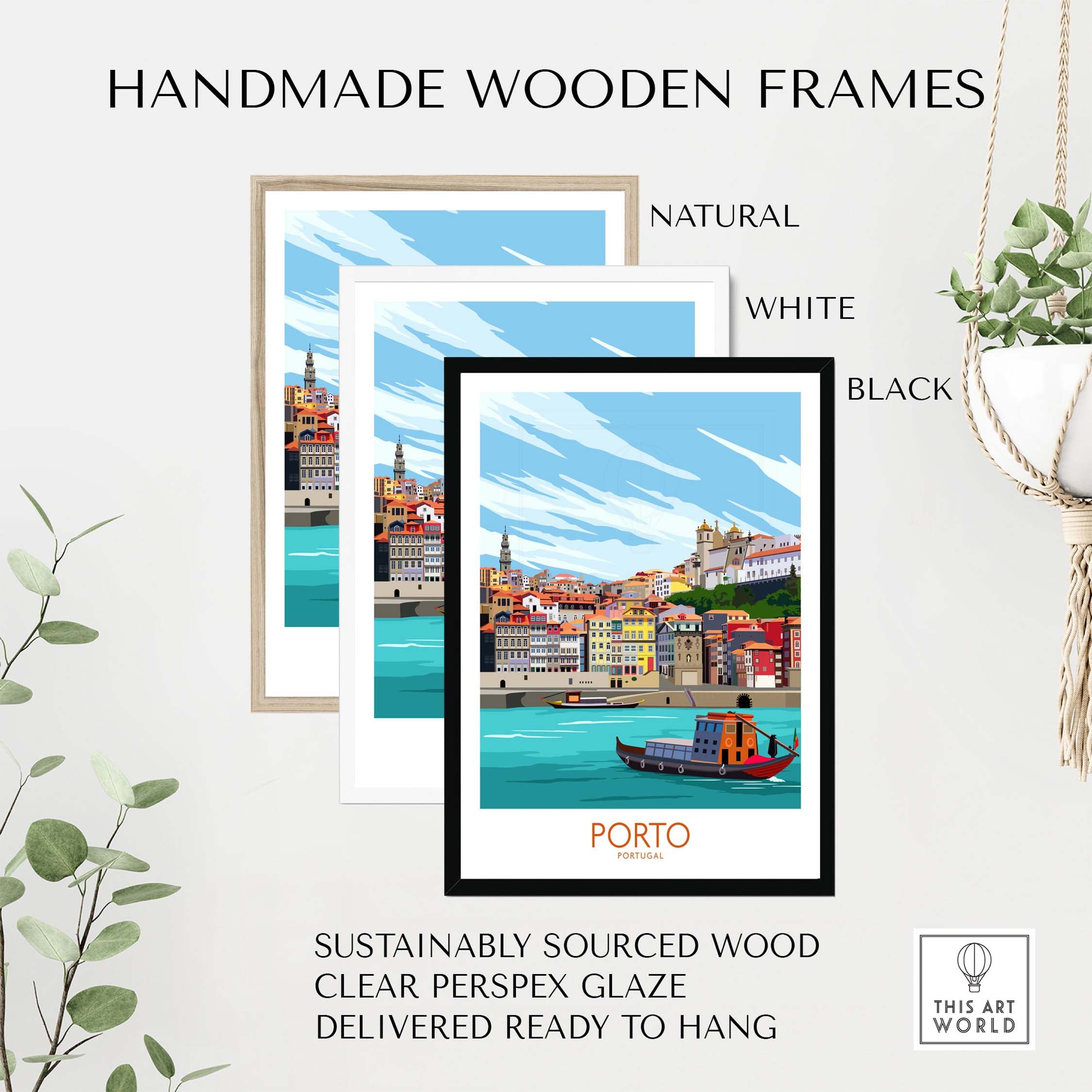 Porto travel poster print in handmade wooden frames: natural, white, and black designs for stylish home decor.
