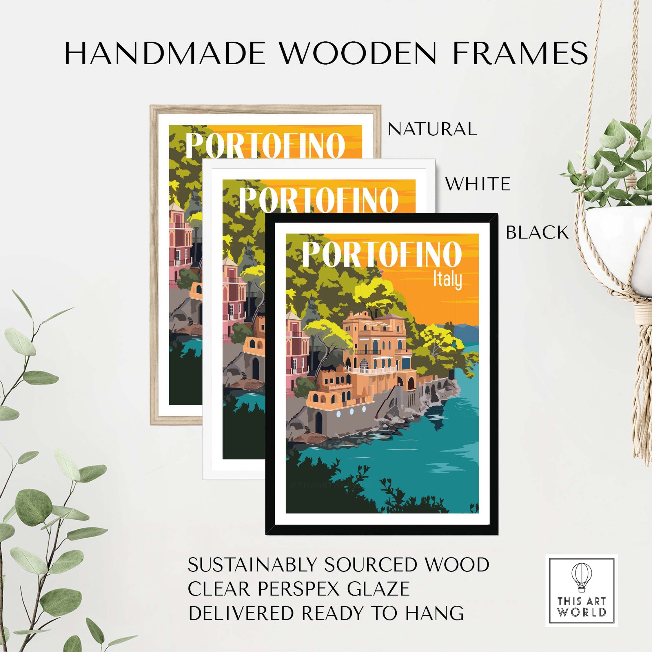 Portofino Print poster in handmade frames: natural, white, and black; sustainably sourced wood, ready to hang.