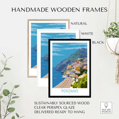 Three handmade wooden frames in natural, white, and black, showcasing a Positano print travel poster.