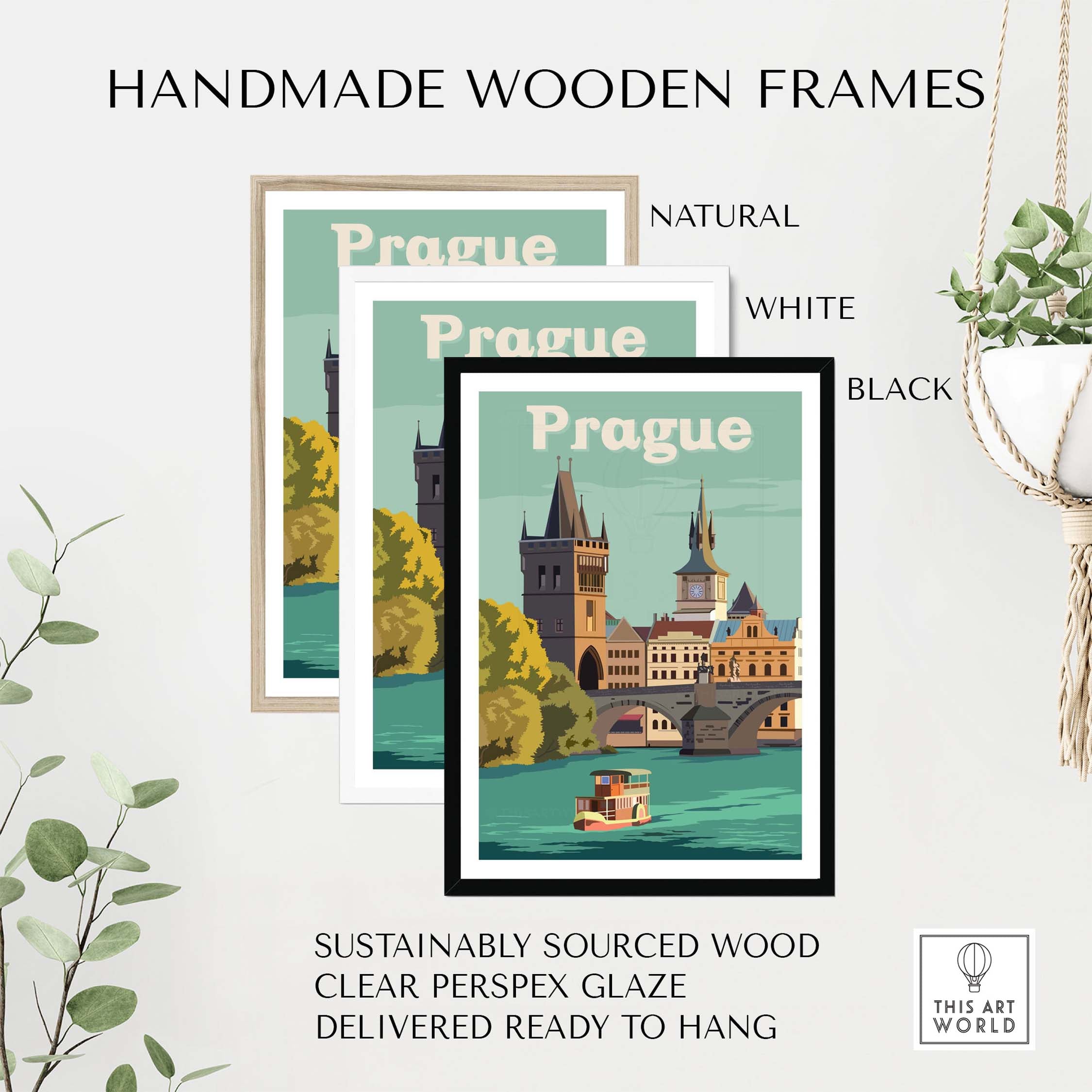 Handmade wooden frames in natural, white, and black for Prague vintage wall art, designed for easy hanging.
