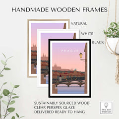 Handmade wooden frames for Prague wall art, available in natural, white, and black finishes, sustainably sourced and ready to hang.