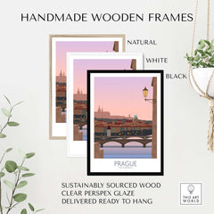 Handmade wooden frames for Prague Print Travel Poster, available in natural, white, and black finishes.