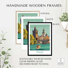 Prague poster travel print showcased in handmade wooden frames—natural, white, and black—sustainably sourced wood.