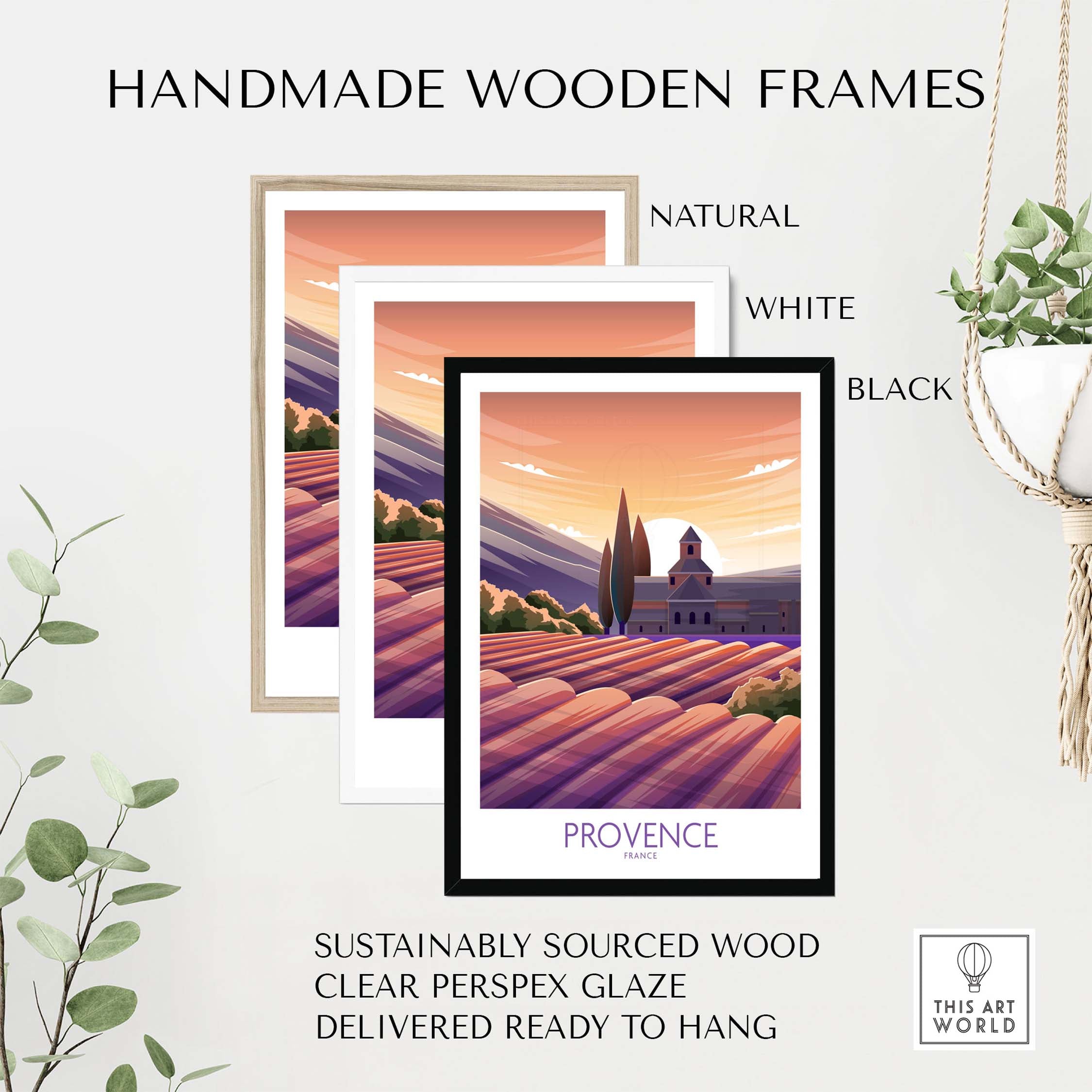 Handmade wooden frames in natural, white, and black for Provence travel poster, sustainably sourced and ready to hang.