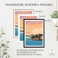 Handmade wooden frames for Puerto Rico wall art in natural, white, and black finishes, sustainably sourced and ready to hang.
